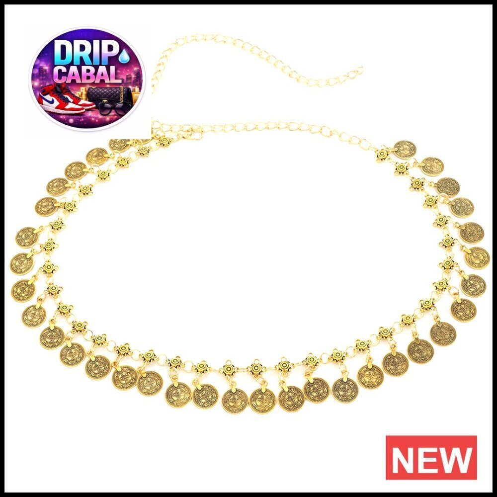 Gold Coin Waist Chain Belt Adjustable Metal Link Pendant Festival Party Wear